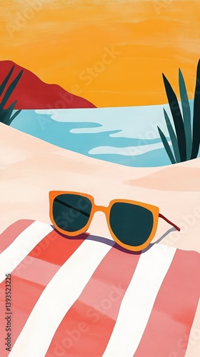 Sunglasses on Towel. A colorful illustration in warm hues and vibrant colors. AI