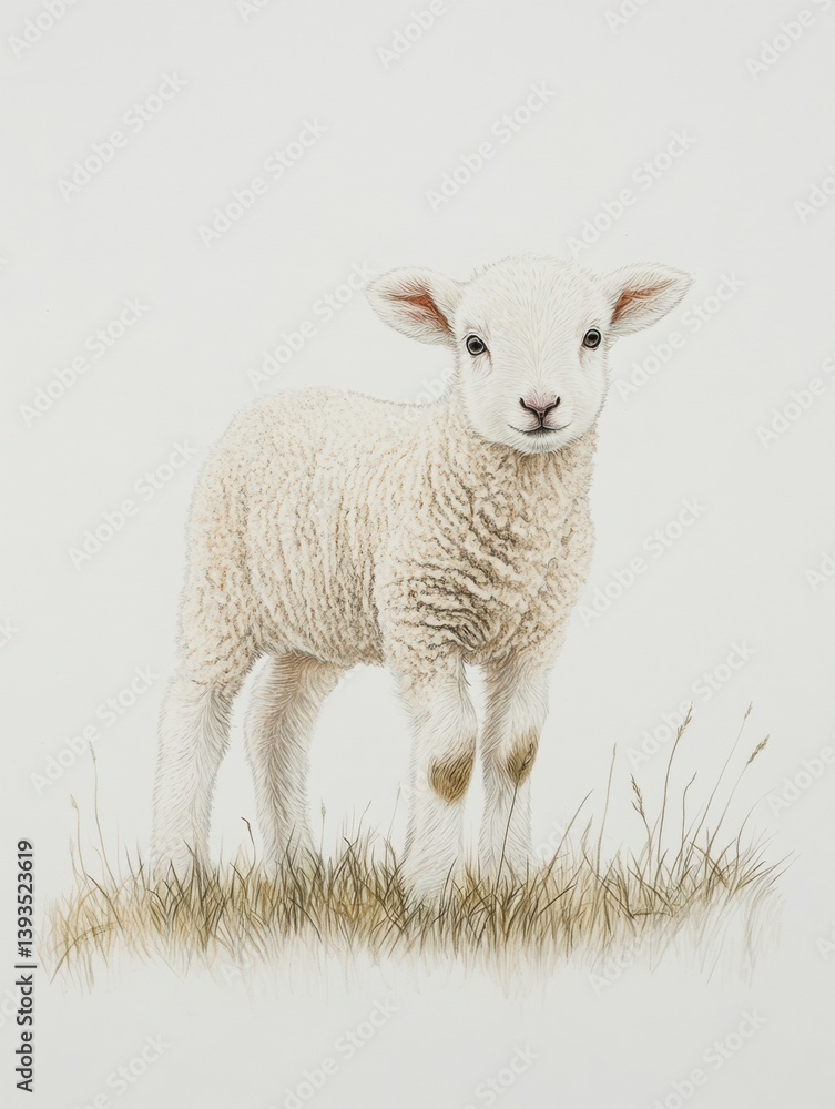 Fototapeta premium Lamb standing gracefully in a short grass patch against a softly blending white background