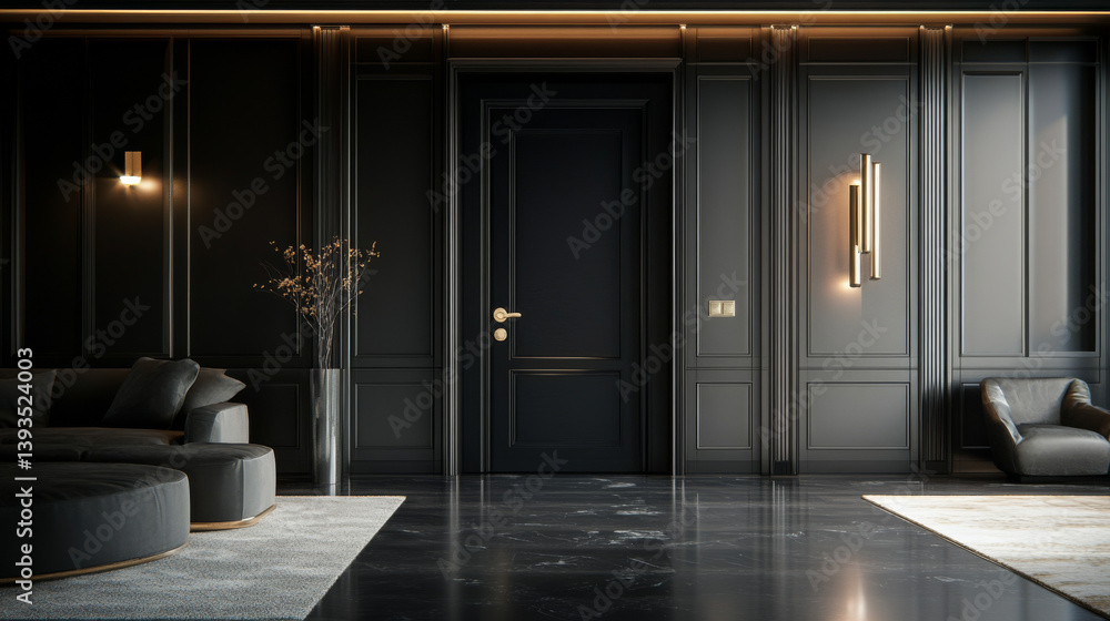 Fototapeta premium Modern black entry door with complementary black exterior walls and decorative details