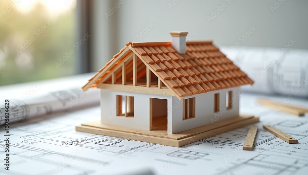 Miniature house model placed on construction plan, surrounded by blueprints. Architecture design and engineering concept. Real estate, construction, house building, property, home, business.