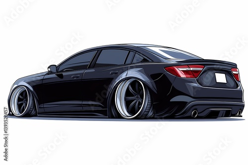 Black Sedan Illustration: A Sleek, Lowered, Sporty Automotive Masterpiece with Custom Wheels and Street Style Design