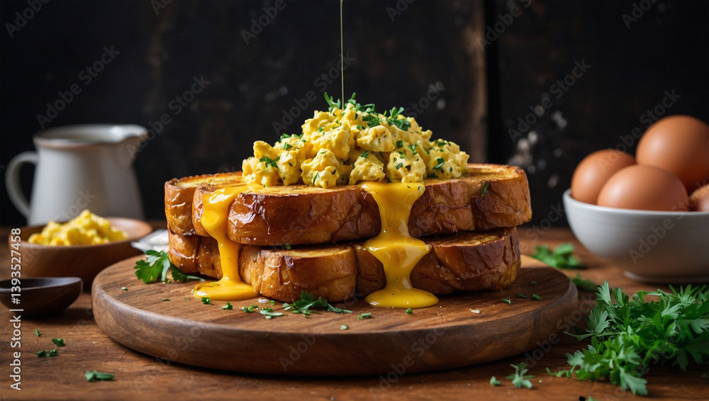 French Toast Stack with Cheese and Savory Scrambled Eggs French Toast Stack with Cheese and Savory Scrambled Eggs
