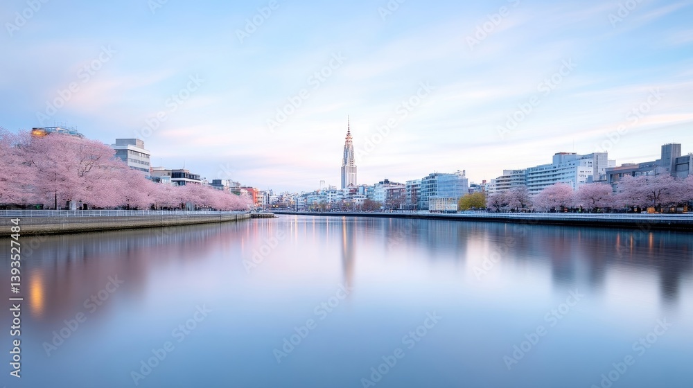 Calm river, cherry blossoms, city skyline at dawn Calm river, cherry blossoms, city skyline at dawn