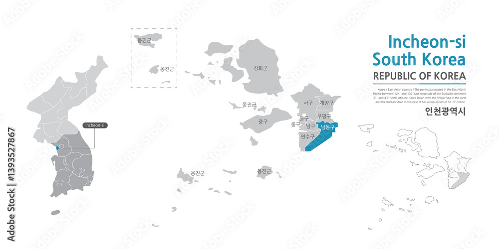 Fototapeta premium 13. Map of Incheon showing administrative districts with white lines on gray background