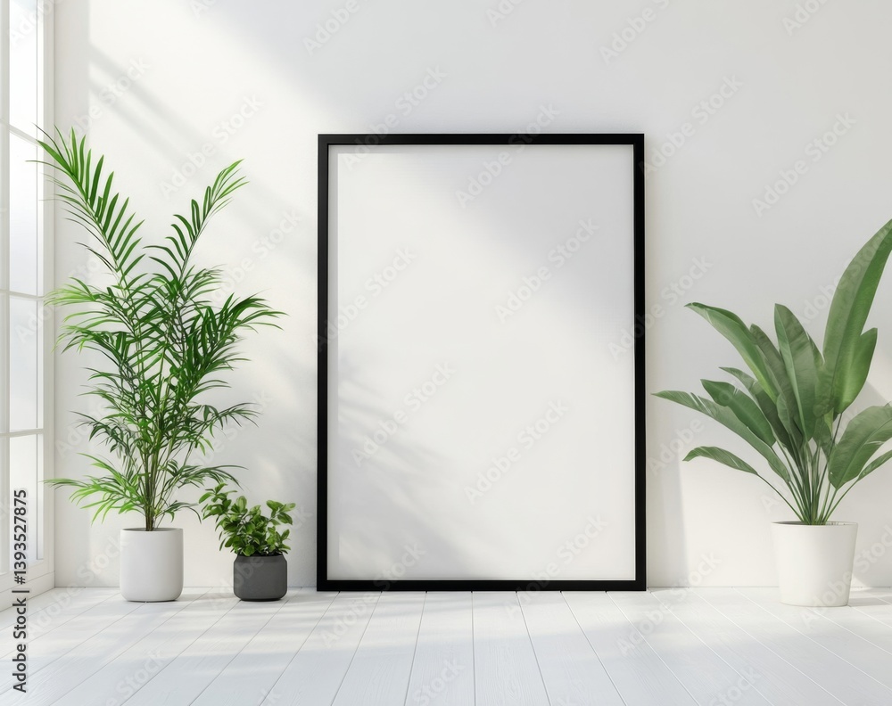 Minimalist room interior with plants and empty frame Minimalist room interior with plants and empty frame