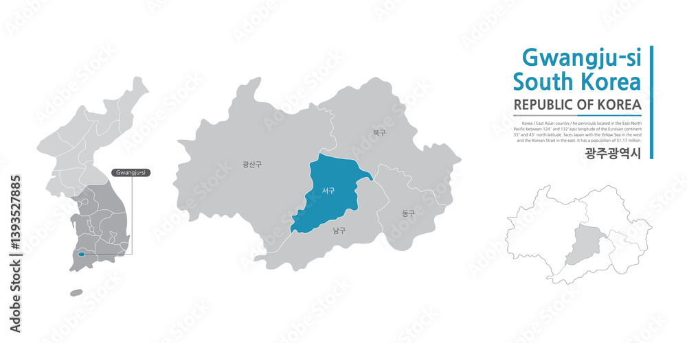 Fototapeta premium 14. A map of Gwangju showing administrative districts with white lines on a gray background 