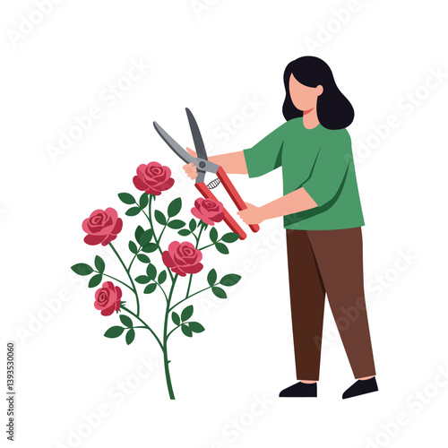 Woman trimming rose bushes in flat design style vector illustration