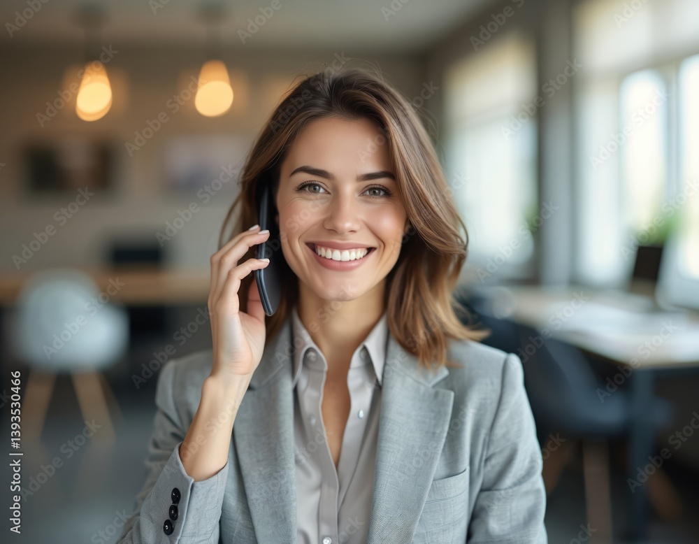 Smiling businesswoman speaks on phone in office. Attractive woman wearing grey suit, business conversation, consulting clients on phone, helpline. Office interior background, natural light. Pro work
