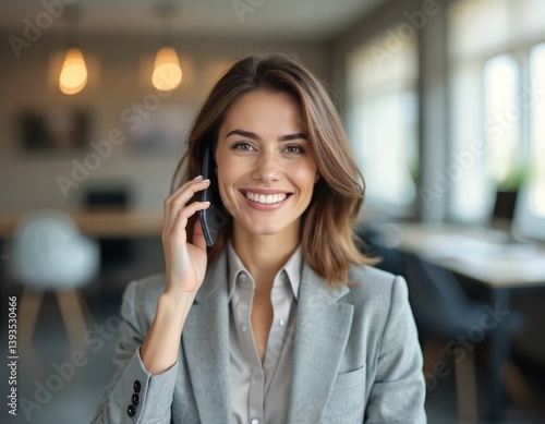 Obraz na płótnie Smiling businesswoman speaks on phone in office. Attractive woman wearing grey suit, business conversation, consulting clients on phone, helpline. Office interior background, natural light. Pro work w salonie