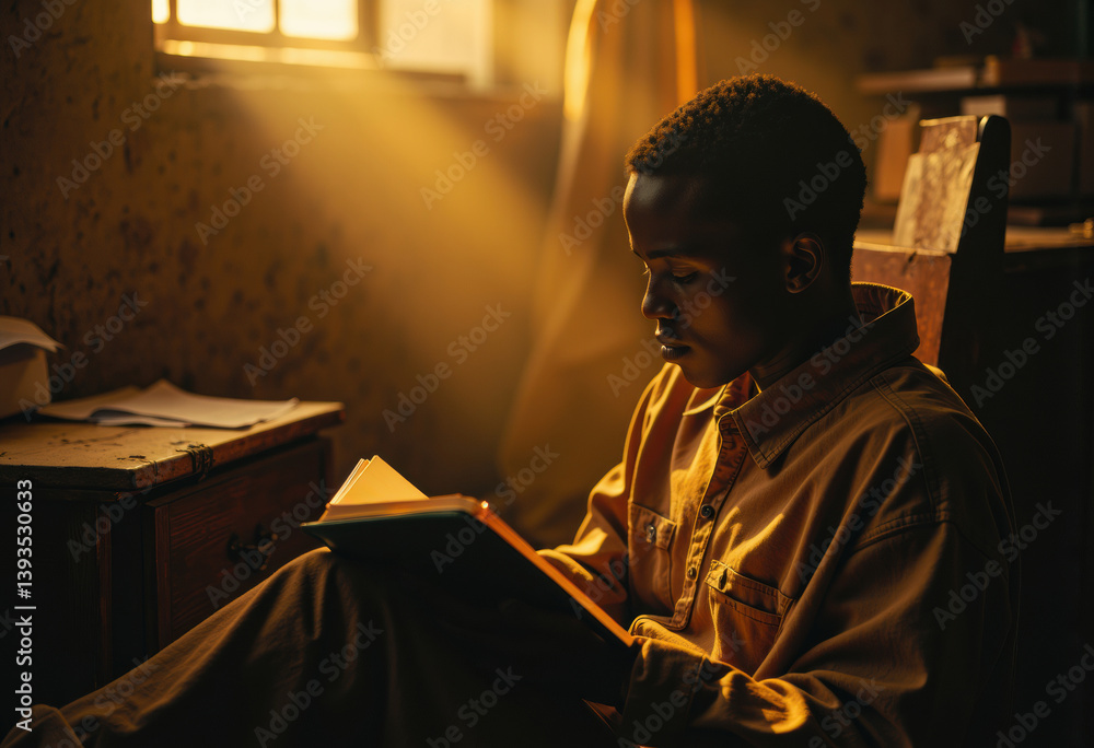 Obraz premium Young man reading a book in a sunlit room, immersed in thought