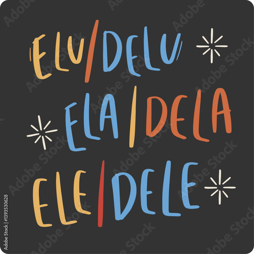 elu delu, ela dela, ele dele. She her, he him and neuter pronoun in brazilian portuguese. Modern hand Lettering. vector.
