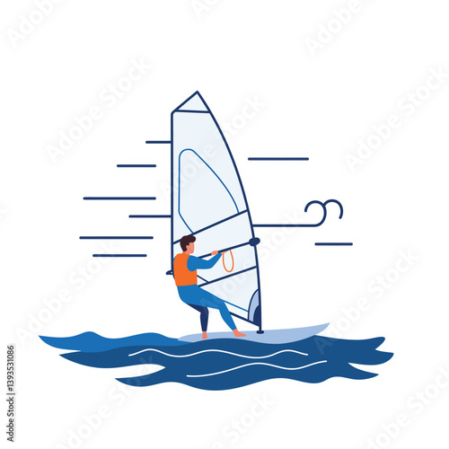 Windsurfer navigating waves in flat minimal vector art style with dynamic motion elements vector illustration