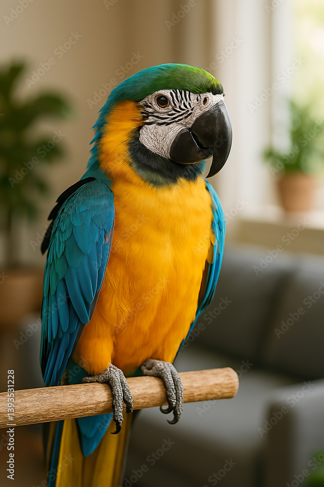 Vibrant tropical parrot calmly perched indoors in natural soft light