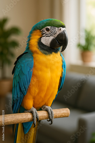 Obraz na płótnie Vibrant tropical parrot calmly perched indoors in natural soft light w salonie