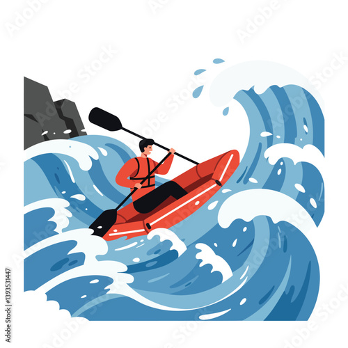 Kayaker navigating turbulent waves in flat design vector illustration