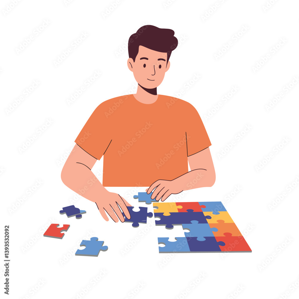 Fototapeta premium Young man assembling colorful puzzle pieces in flat vector illustration