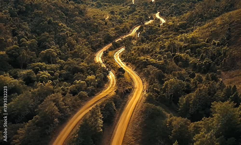 A winding road snakes through lush, green forest bathed in warm sunlight A winding road snakes through lush, green forest bathed in warm sunlight