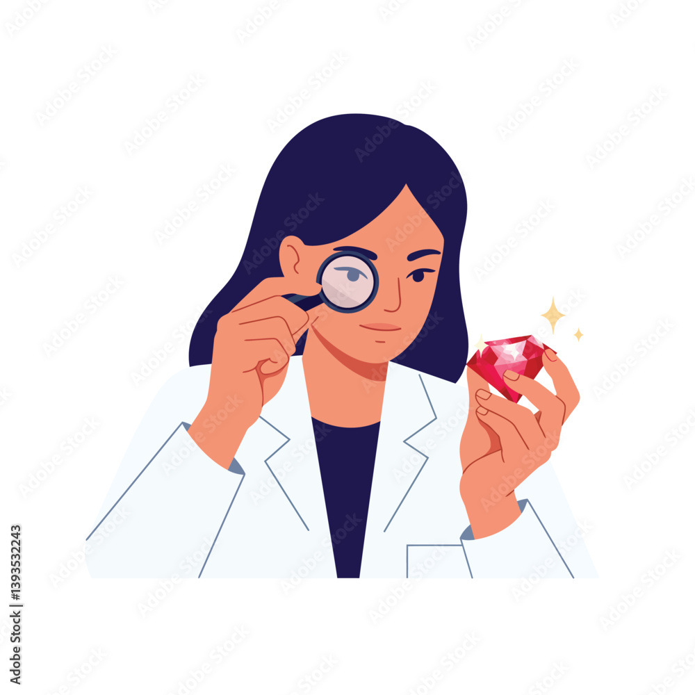 Scientist examining gemstone with magnifying glass in flat vector art