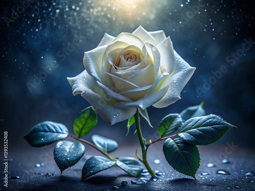 Enchanting Single White Rose in Moonlight A Captivating Night Bloom Against a Dark Background