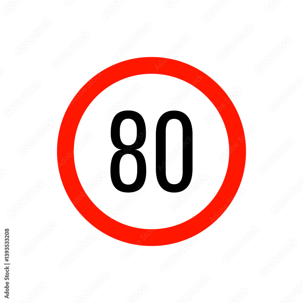 Speed limit road sign from the prohibitory group. Circle with a red border, white background and a number inside. For use in design, in traffic safety applications, for infographics, for maps. Speed limit road sign from the prohibitory group. Circle with a red border, white background and a number inside. For use in design, in traffic safety applications, for infographics, for maps.