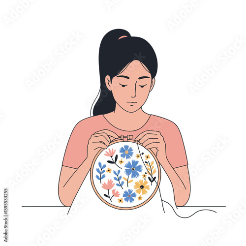 Woman embroidering floral patterns in a minimal style vector art