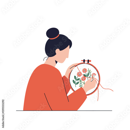Woman Embroidering Floral Design in Minimal Style Vector Art