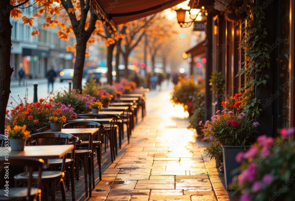 Fototapeta premium Charming street lined with colorful flowers and outdoor café seating
