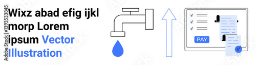 Faucet with drop represents resource flow, upward arrow symbolizes progress. Digital screen shows invoices and payment options. Ideal for finance, utilities, automation, digital economy, progress