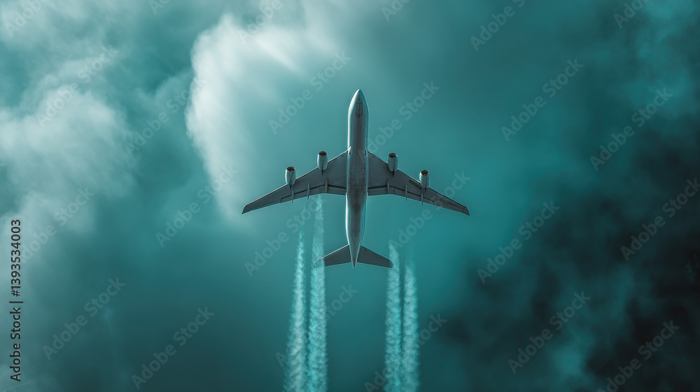 Naklejka premium A surreal aerial shot of a passenger jet flying directly overhead, vapor trails slicing through a teal-tinted sky, soft but moody clouds in the background