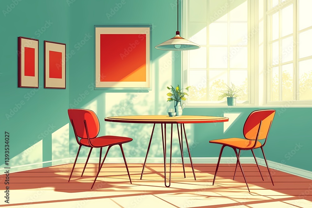 Fototapeta premium Modern Interior Design: Bright Room with Pastel Colors, Minimalist Style, and Vibrant Decor