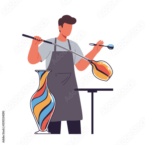 Glassblower shaping colorful vase in minimal vector illustration