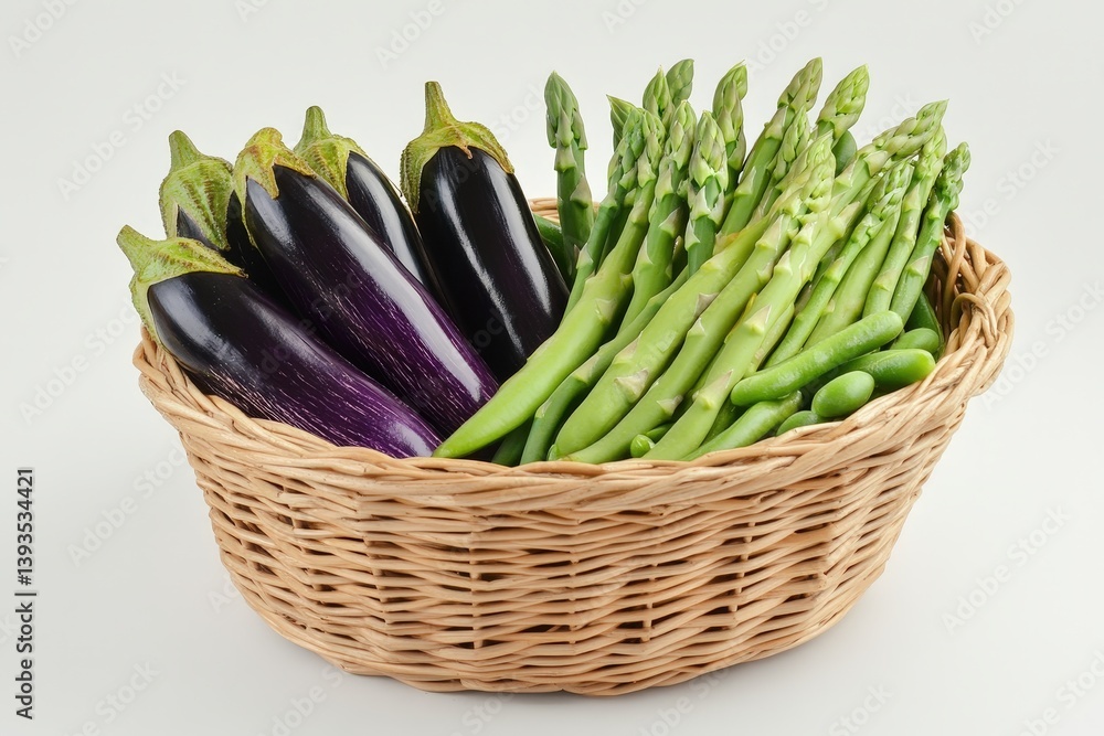 A wicker basket filled with fresh vegetables on display A wicker basket filled with fresh vegetables on display