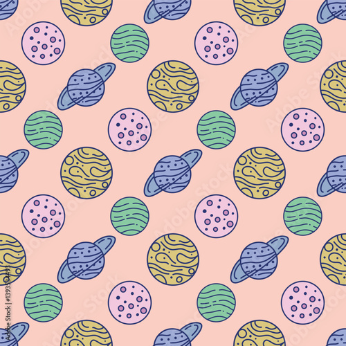 Planets in space. eamless vector pattern for fabric design, wallpapper, wrapping.