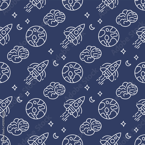 Planets and rockets in space. eamless vector pattern for fabric design, wallpapper, wrapping.