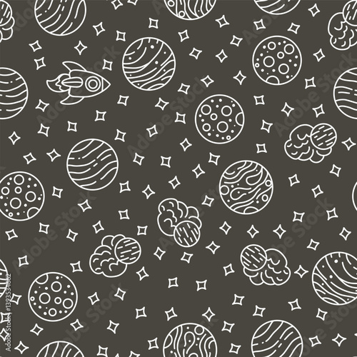 Planets and rockets in space. eamless vector pattern for fabric design, wallpapper, wrapping.