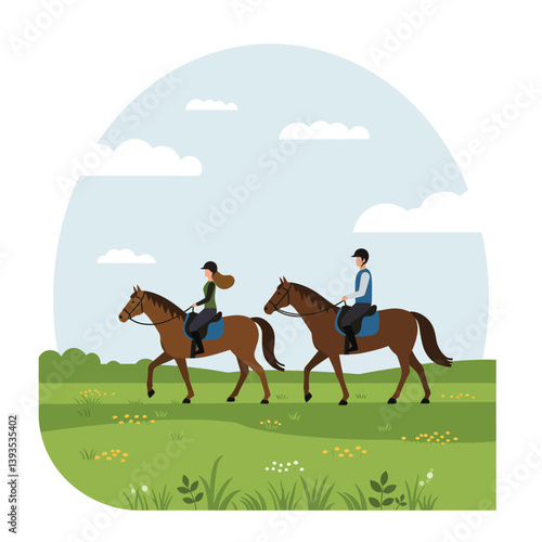 Two riders on horseback in a serene landscape, flat design vector art