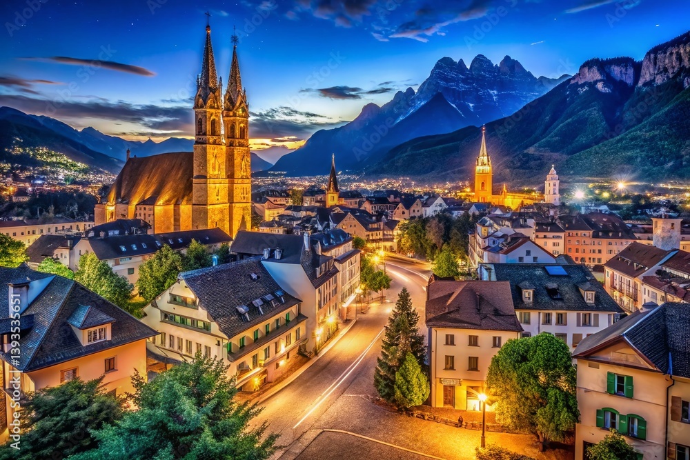 Obraz premium Enchanting Night Photography of Bolzano Italy City Lights Sparkling Against the Alpine Glow