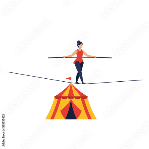 Tightrope walker balancing above a colorful circus tent in flat vector art