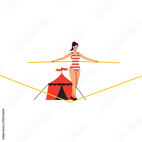 Tightrope walker balancing above a circus tent in flat vector art