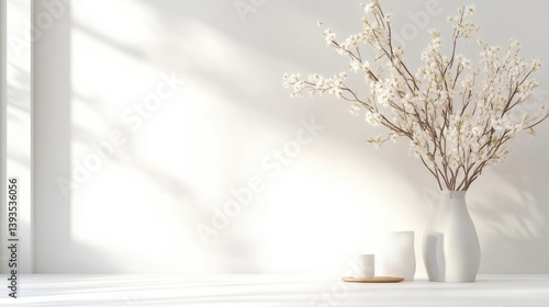 Wallpaper Mural A white ceramic vase with delicate dried branches on a minimalist white table, soft sunlight casting shadows on the wall, and serene interior design concept. Torontodigital.ca