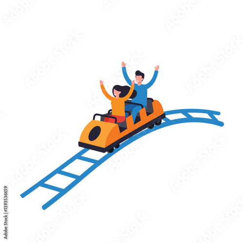 Roller coaster ride with excited passengers in flat vector art style vector illustration