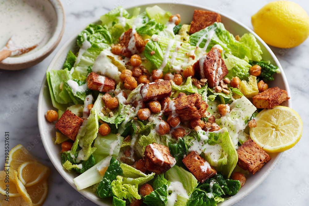 Crispy tofu caesar salad with lemon wedge Crispy tofu caesar salad with lemon wedge