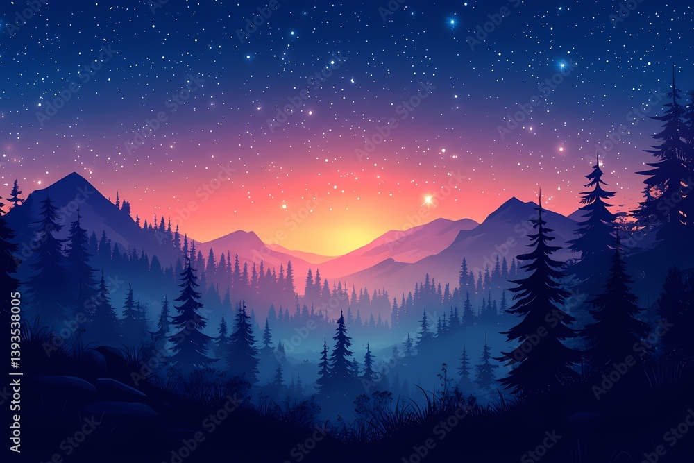 Naklejka premium Breathtaking Landscape of Mountains and Forest Under a Starry Night Sky - Serene Twilight Scenery with Vibrant Colors and Dreamy Silhouettes in Nature Photography