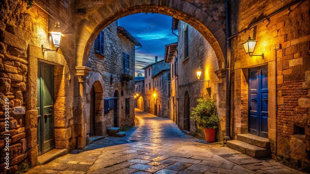 Fototapeta premium Enchanting Medieval Night Street in Montepulciano Tuscany A Breathtaking Night Photography Capture