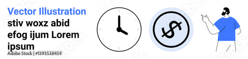 Clock showing time, dollar icon encircled, and person gesturing towards the right. Ideal for time management, finance, business, scheduling, budgeting, presentations and simple landing page