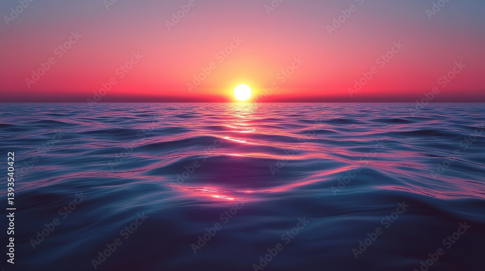 Obraz premium Sunset over calm ocean, pink sky, water reflection, serene landscape, nature background