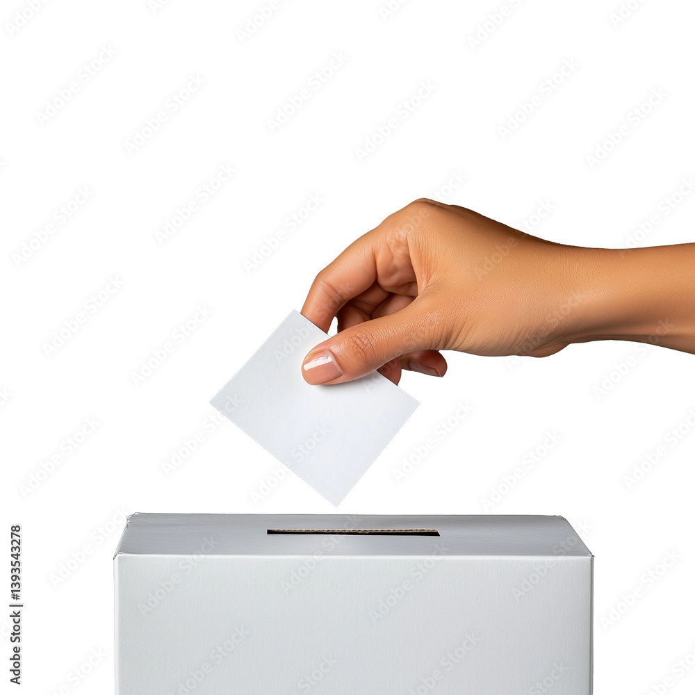 Hand placing a vote into a ballot box, on a transparent background.