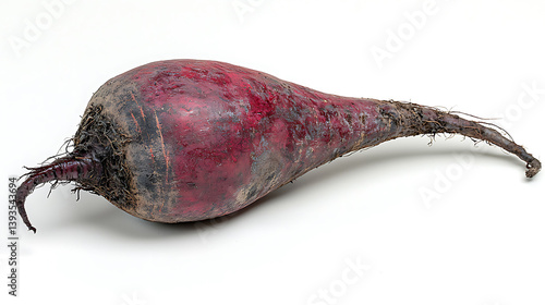 A raw unwashed beetroot with an elongated root-like shape rests on a white surface showcasing its dark red and purple hues.