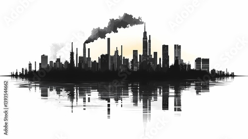 Urban Landscape Silhouette: Reflection of Modern Architecture and City Pollution in Black and White