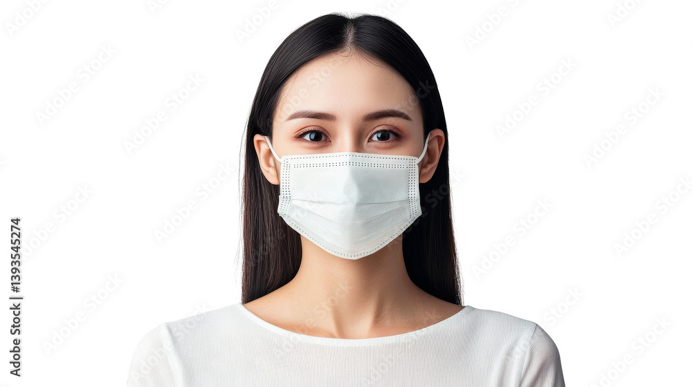 Asian woman with mask, straight black hair, white shirt, cut out transparent Asian woman with mask, straight black hair, white shirt, cut out transparent